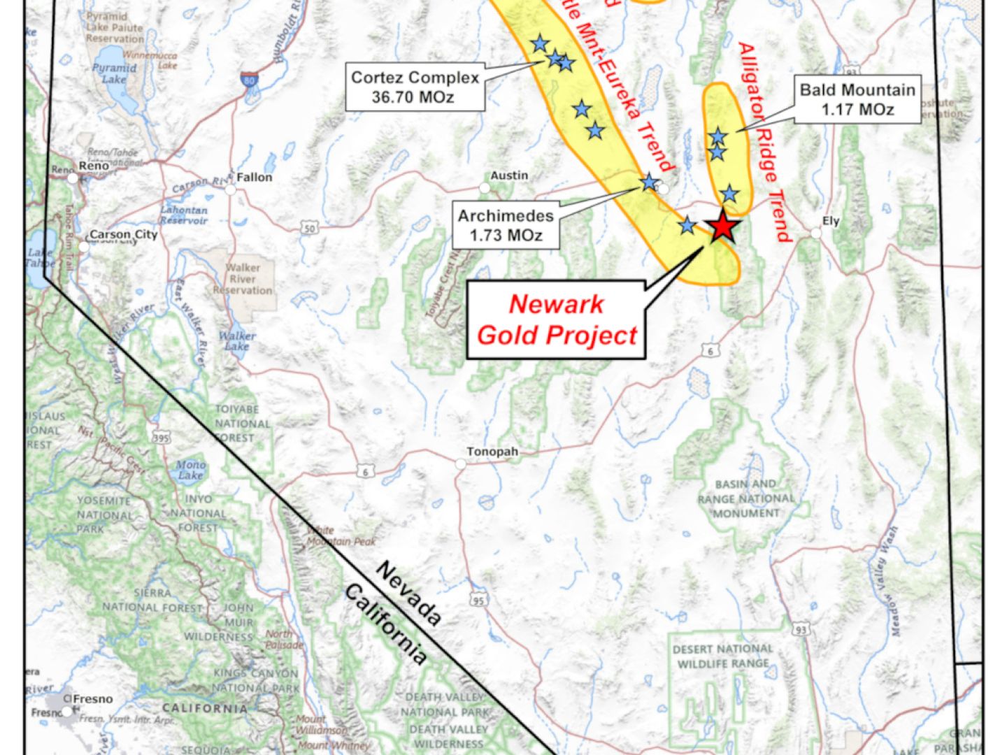Newark Gold Project Location Plan and Major Regional Gold Reserves and Resources